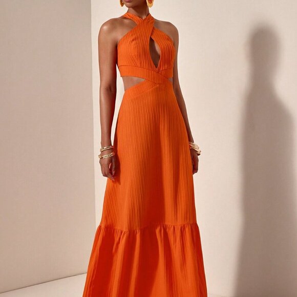 Orange Sexy Women's Casual Vacation Cross Halter Neck Hollow Backless Dress - Picture 6 of 7